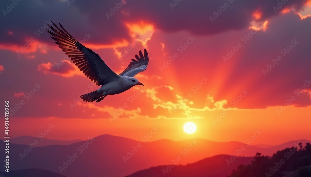 Naklejka premium A bird taking flight, wings outstretched against a vibrant sunset , red, clouds, element