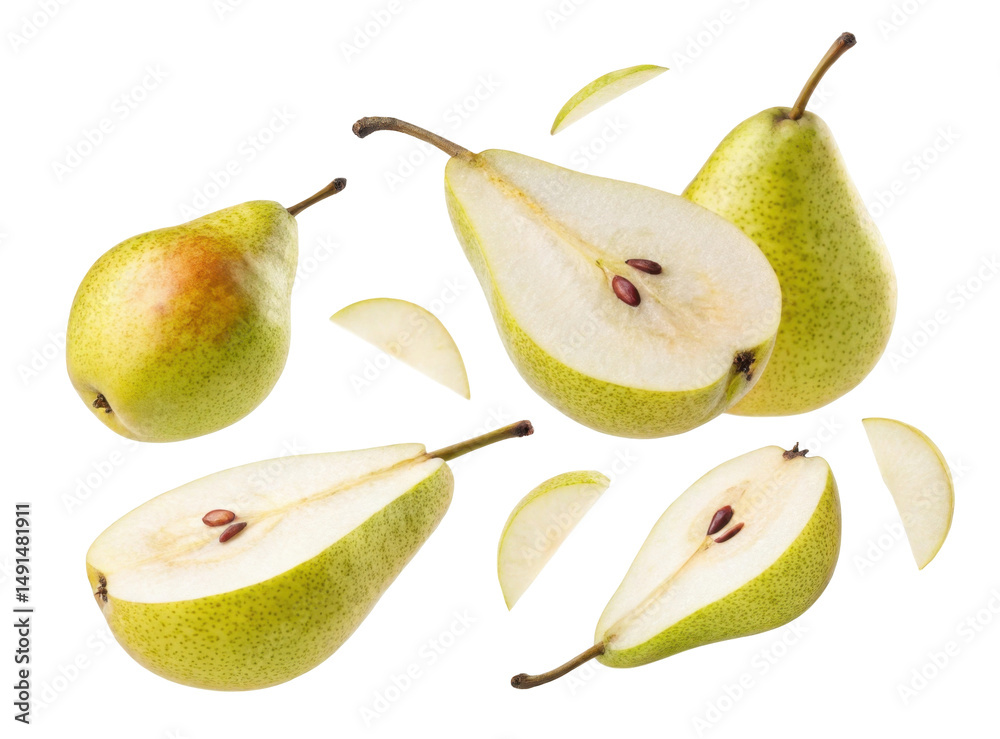 Fresh Green Pears Including Whole and Sliced Pieces on Transparent Background Fresh Green Pears Including Whole and Sliced Pieces on Transparent Background