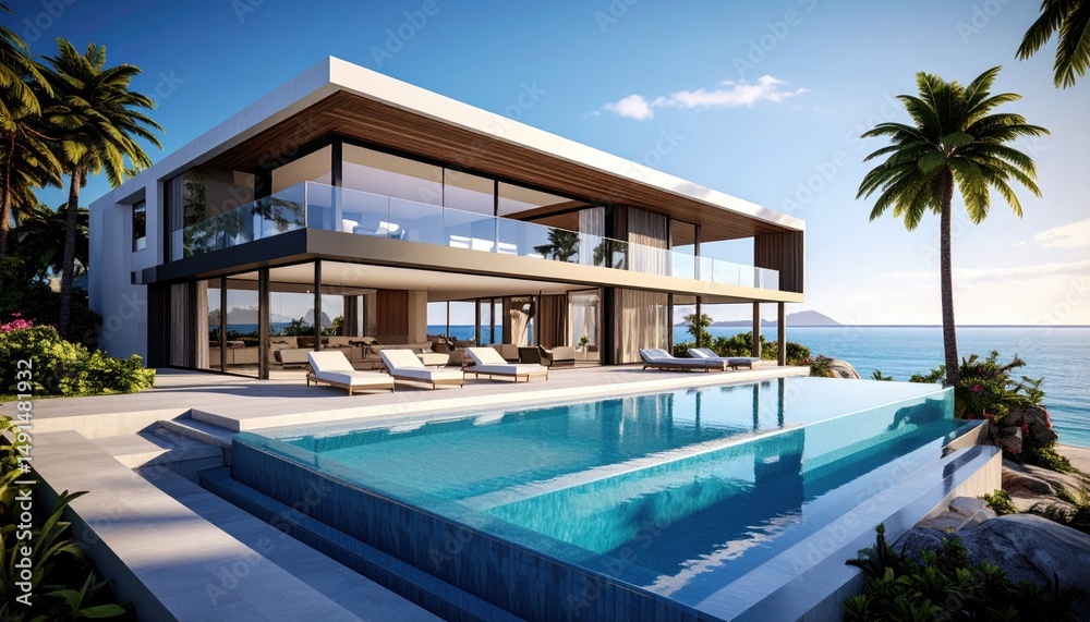 Fototapeta premium Tropical dream Villa with infinity pool with ocean view palm trees.