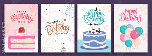 Happy birthday wishes clipart poster set. Birthday invitation card greeting clip art with cake and balloons drawing elements for elegant template collection vector illustration. 
