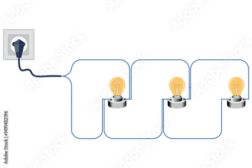 Series and parallel electrical circuits. Parallel circuit, Series circuit, basic electric circuits experiment vector. Kirchhoff voltage law. series and parallel circuits with Batter and light bulb