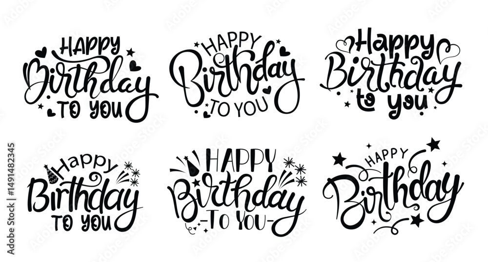 Fototapeta premium Happy birthday calligraphy clipart set. Happy birthday to you text, greeting, wishes and typography clip art in black font graphic elements collection vector illustration.