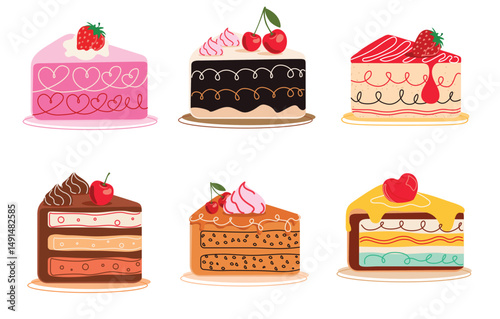 Birthday cake slices clipart set. Cake dessert slice drawing elements clip art in strawberry, chocolate and cherry yummy flavors collection in white background vector illustration. 
