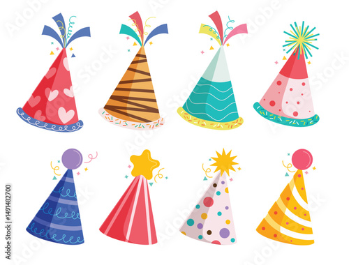 Birthday hat elements clipart set. Birthday party hat colorful drawing clip art with pattern and printed cone shape cute design collection in white background vector illustration. 
