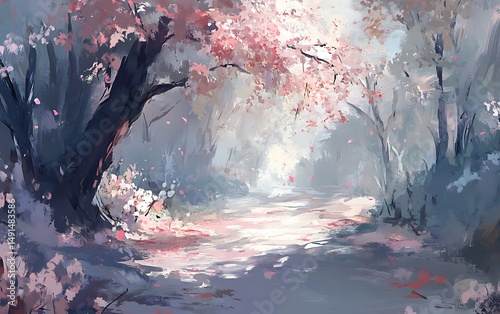 The impressionistic springtime vista depicts a path winding through blossoming trees in soft light