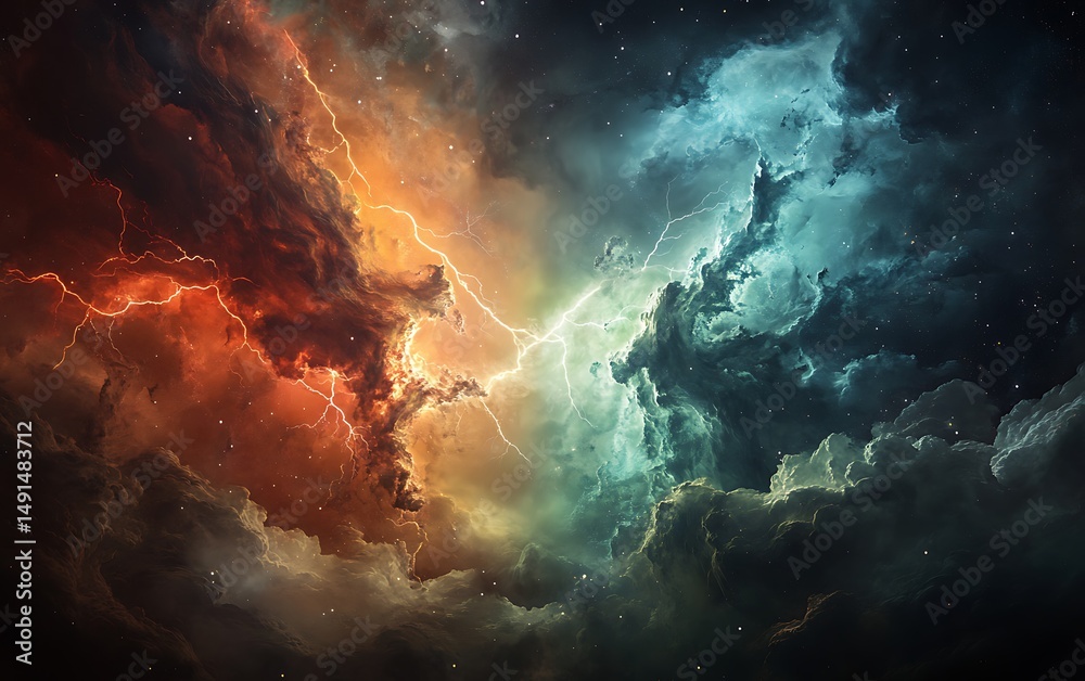 Obraz premium Vibrant celestial clouds with striking lightning reveal the universe's beauty in a contrasting celestial display