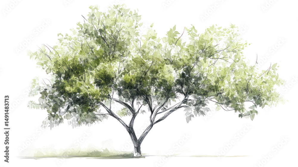 Obraz premium Green Tree with Leaves Sketch Architectural Drawing on Transparent Background