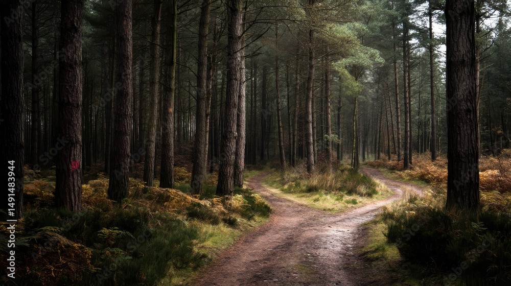 Fototapeta premium Winding forest path leads to unknown destinations through tall trees with overcast skies