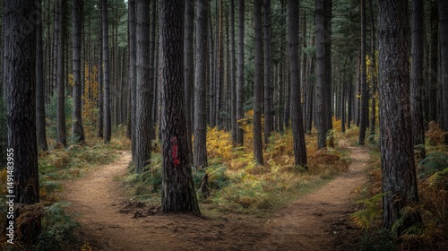 Forest paths diverging among tall trees in a peaceful autumnal woodland scene