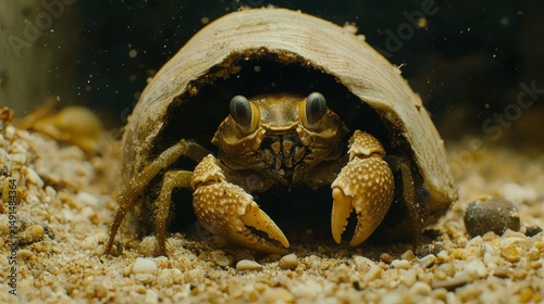 Close-up portrait of a secretive crab hiding in a seashell, underwater
