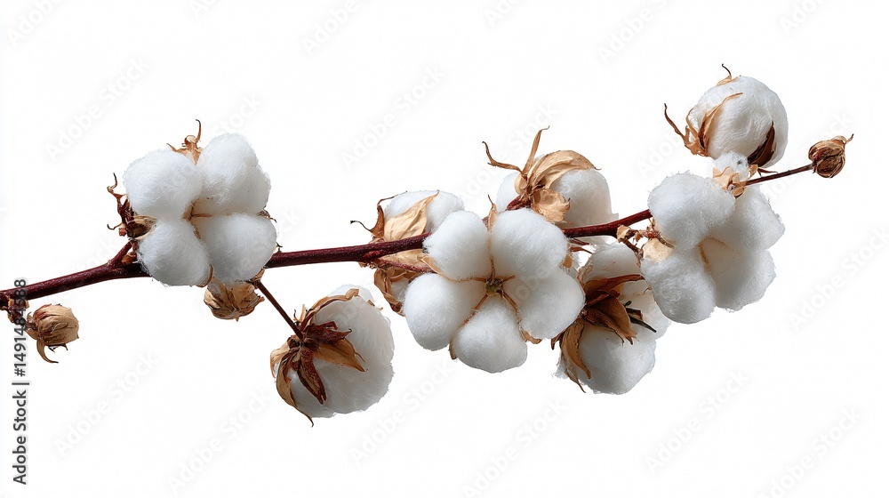 Elegant White Cotton Flower Branch Isolated on White Background Elegant White Cotton Flower Branch Isolated on White Background
