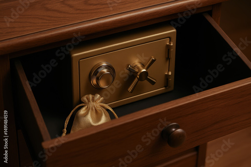 Gold safe inside wooden drawer with small gold pouch representing secure home investment for valuable items and wealth protection