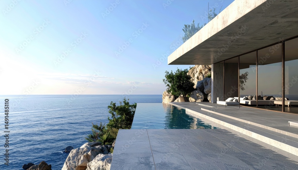 Fototapeta premium Cliffside Modern Villa Infinity Pool with Ocean View, and Sunny Day.