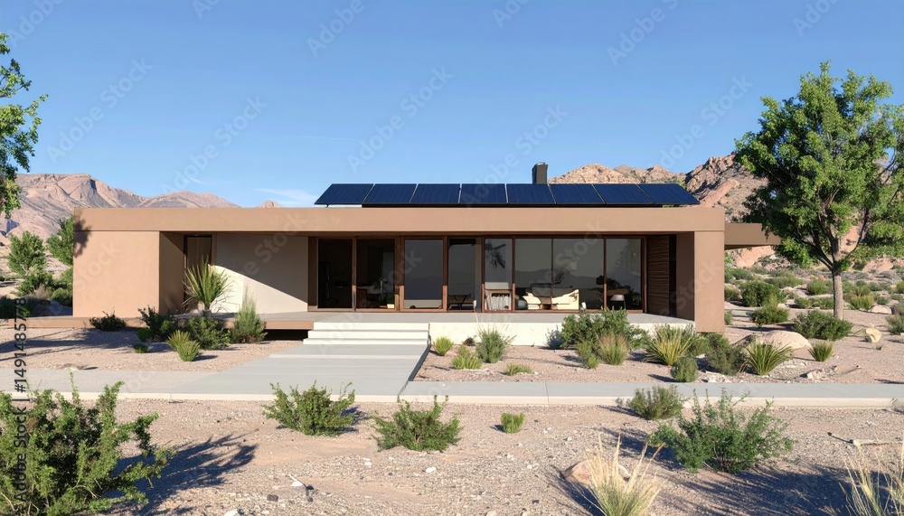 Fototapeta premium Desert Modern Oasis Sustainable Home in Arid Landscape.