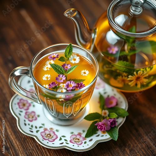 Floral Tea Service: A clear cup filled with herbal tea, adorned with flowers and mint, sits beside a teapot on rustic wood. Serene.
