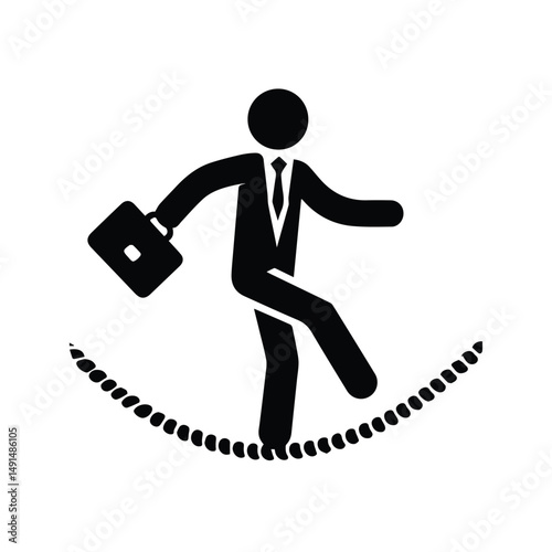 businessman balancing on rope, business icon, stickman figure, human silhouette isolated
