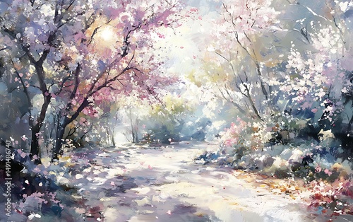 Impressionistic spring blooms brightly with petals falling on a sunlit path in an artistic style