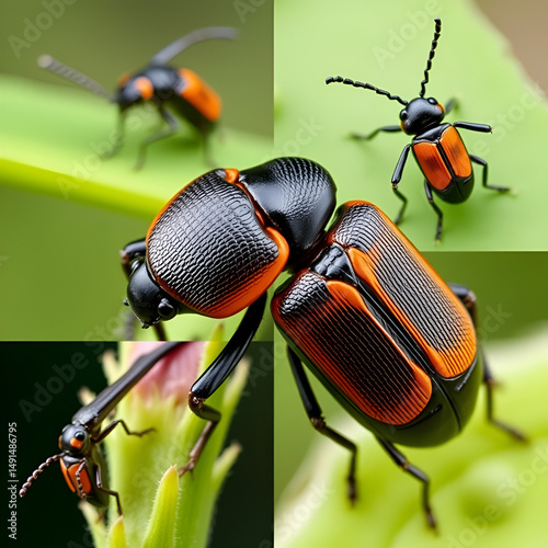 Collage of macro images of the blister beetle, Lytta vesicatoria, known to have a poisonous and aphrodisiac substance in the elytra, the cantharidin