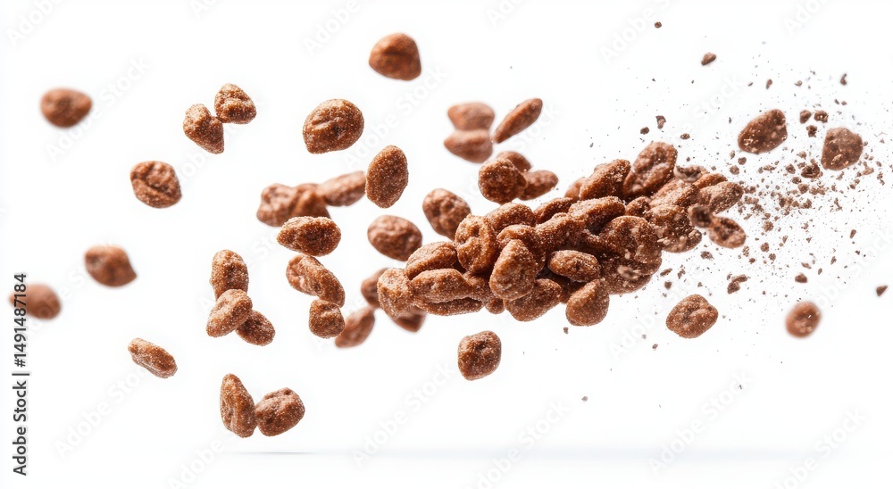 Obraz premium Chocolate cereal pieces exploding in midair against a white background. Delicious and crunchy.