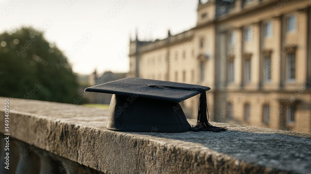 Obraz premium Graduation cap resting on a stone railing.