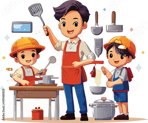 Comic-style vector of a multitasking father doing work, cooking, fixing, and parenting at once. Fun and dynamic design to celebrate dads as everyday heroes. Perfect for Father's Day themes.

