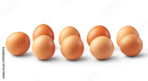 Ten brown eggs arranged in a row against a white background.  A simple, clean image perfect for various culinary or agricultural contexts.