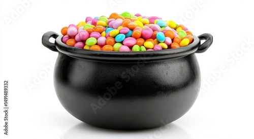 A black cauldron overflowing with colorful candies. A sweet treat perfect for Halloween or any festive occasion!