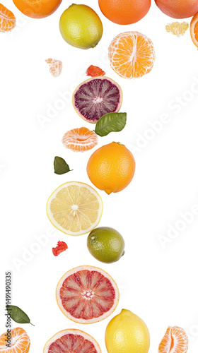 Vertical arrangement of fresh citrus fruits including oranges lemons grapefruits limes tangerines and kiwi slices with scattered leaves on white background for healthyfood concepts photo