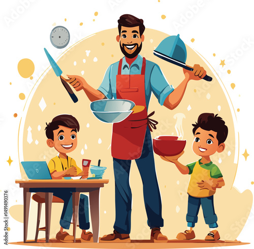 Comic-style vector of a multitasking father doing work, cooking, fixing, and parenting at once. Fun and dynamic design to celebrate dads as everyday heroes. Perfect for Father's Day themes.

