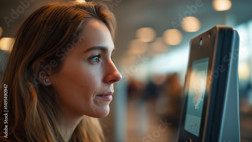 Biometric border control facial recognition kiosk with traveler mid-scan, side angle view, modern airport lighting
