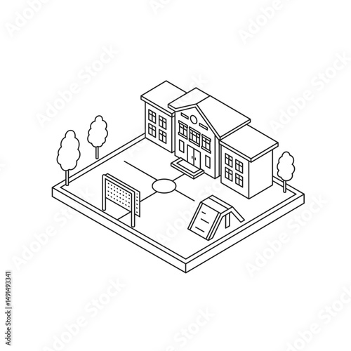 Primary school building with playground and trees in a park setting  
