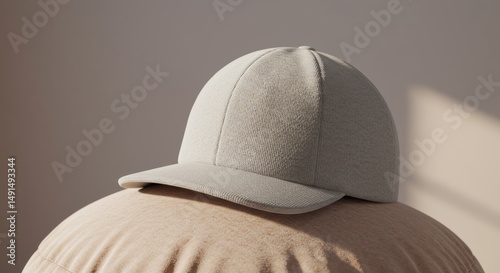 Beige cap sitting elegantly on a cushion, bathed in soft, natural light