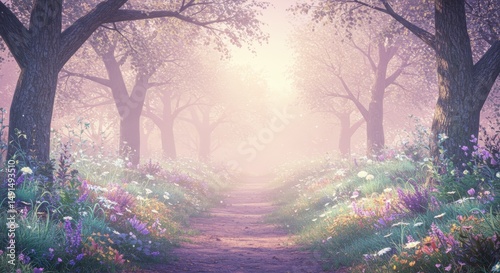 Fototapeta Naklejka Na Ścianę i Meble -  Enchanting forest path with wildflowers and mist, creating a whimsical scene