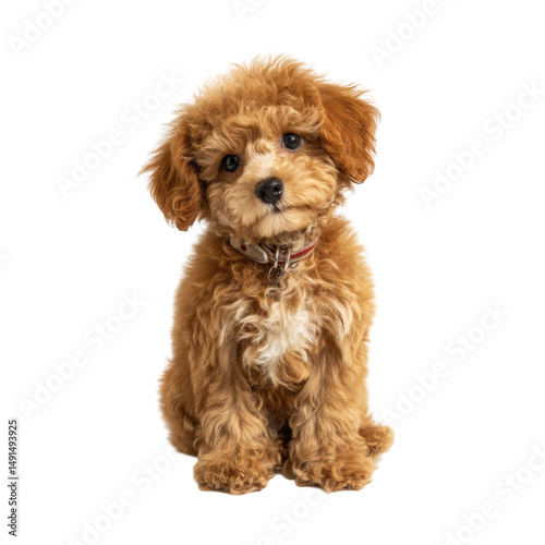 A cute brown poodle puppy sitting isolated on transparent background.png white background