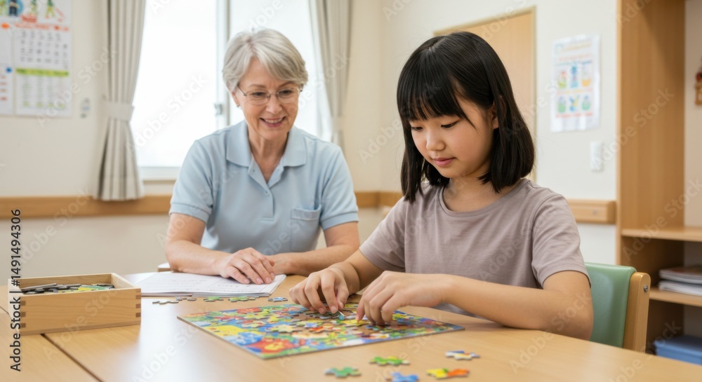 Fototapeta premium Occupational therapy session: girl and therapist doing puzzle for cognitive rehabilitation