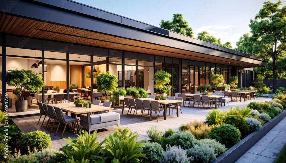 Fototapeta premium Outdoor Dining Modern Patio with Lush Greenery Warm Light.
