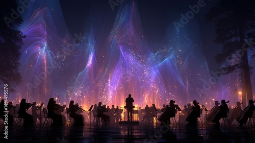 Nocturnal orchestra performance under ethereal light show