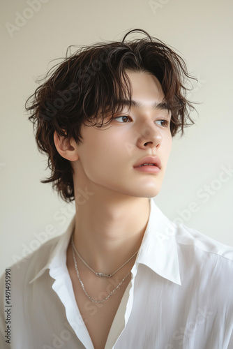 ポートレート, 男性ポートレート, 若い男性, 美しい男性, 外国人モデル, クール, シャープな顔立ち, 中性的, 白背景, ナチュラルライティング, 横顔, 髪型, セミロング, モデル風, 白シャツ, スタジオ撮影, シンプル背景, ソフトな表情, ファッション, ミニマル, 自然光, 横向き, 知的, エレガント, 魅力的, 洗練された, 現代的, 都会的, トレンド, 美青年, 彫刻のよ