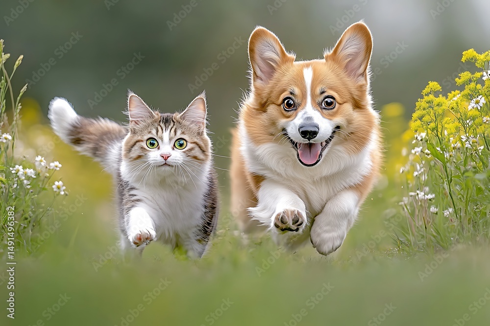 Obraz premium Playful puppy and curious kitten running together in a lush field outdoor photography joyful scene close-up view