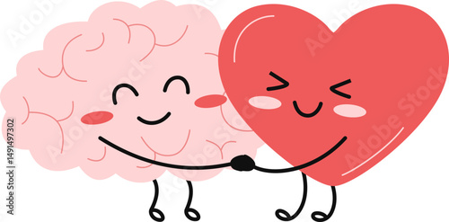 Brain and heart expression and emotion for mental health day illustration. Cute cartoon brain and heart character eith face expression. Vector isolated.