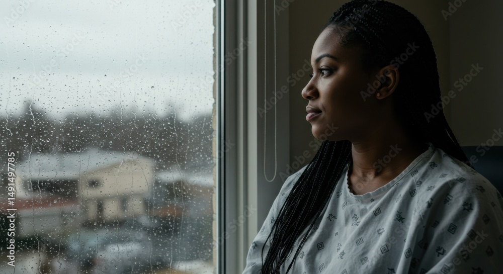 Woman patient hospital window rainy day looking out hope recovery health care depression sad Woman patient hospital window rainy day looking out hope recovery health care depression sad