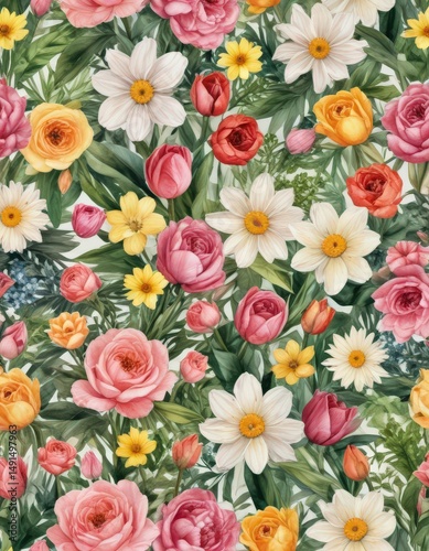 Summer floral watercolor; lush roses, tulips, daisies,  garden,  creative,  artistic