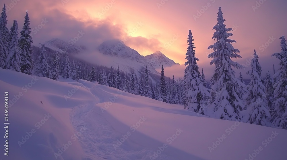 Fototapeta premium Serene Snowy Landscape at Sunset with Dramatic Mountain Backdrop