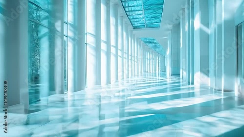 Turquoise Hallway with White Pillars Glass Ceiling and Shadow Casting in a Modern Architectural Interior Design