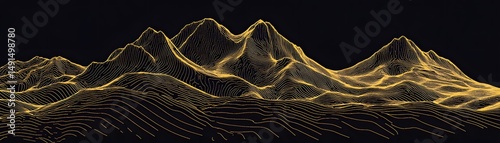 Golden digital mountain range in dark space.
