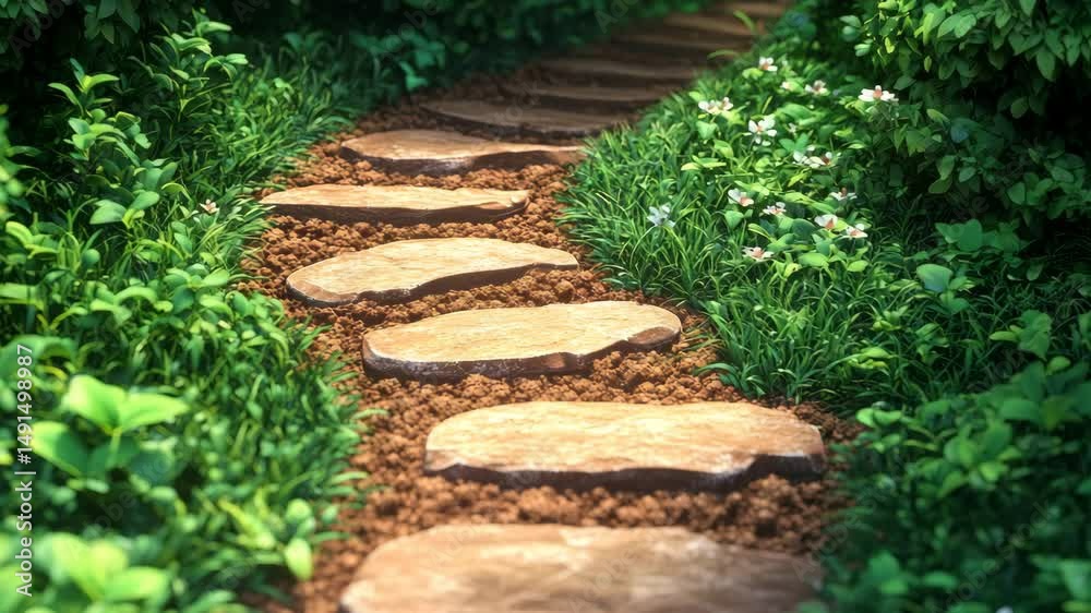 A winding garden path made of irregularly shaped stepping stones set amidst lush green foliage and small white flowers.