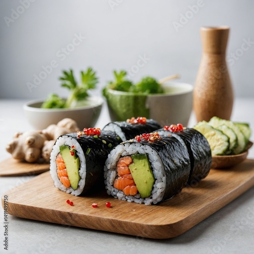 Japanese sushi rolls with wasabi and ginger on white.