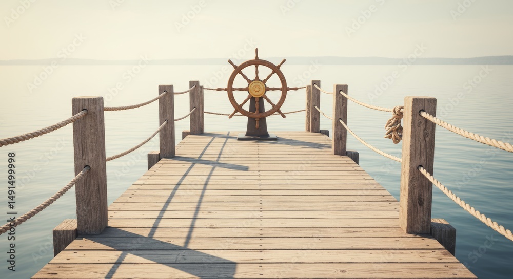 Fototapeta premium Wooden Dock with Ship Wheel at Calm Lake on a Sunny Day Serene Escape
