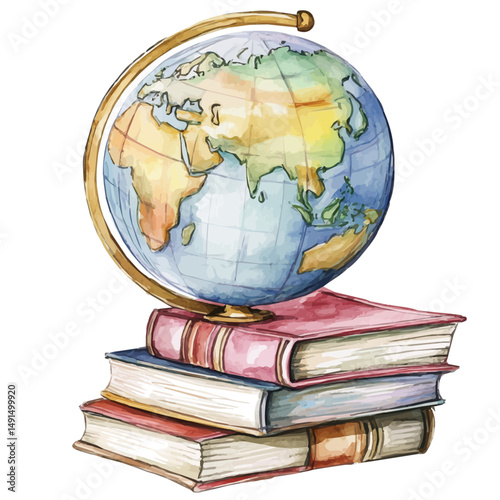 Globe With Books Stacked Beside, watercolor painting vector, high quality, isolated on a white background.
