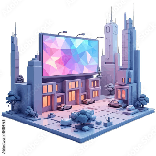 Futuristic City Nightscape Lowpoly Isometric 3D Render